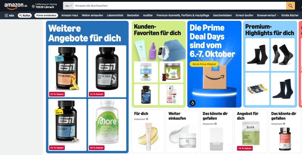 Screenshot of an Amazon.de homepage featuring various product categories and promotions. Sections include 'Weitere Angebote für dich' with health supplements, 'Kunden-Favoriten für dich' with popular beauty items, and a banner for 'Die Prime Deal Days' event on October 6-7.