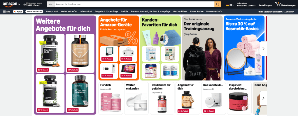 An Amazon Germany webpage showcasing various product promotions and discounts, featuring health supplements, personal care items, and electronics.